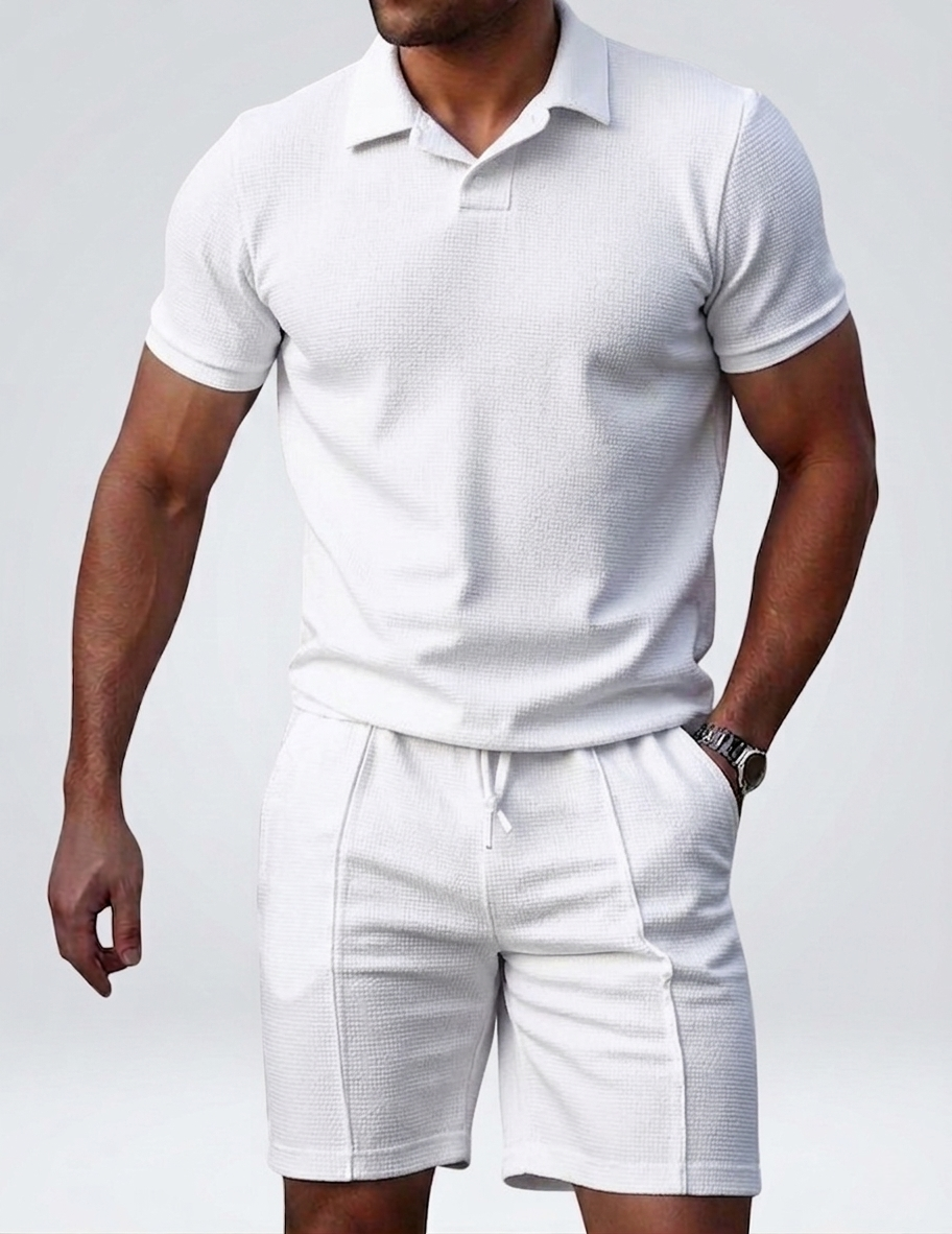 Waffle Knit Polo Shirt and Drawstring Shorts Matching Set