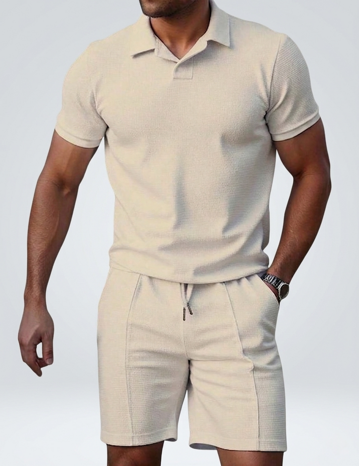Waffle Knit Polo Shirt and Drawstring Shorts Matching Set