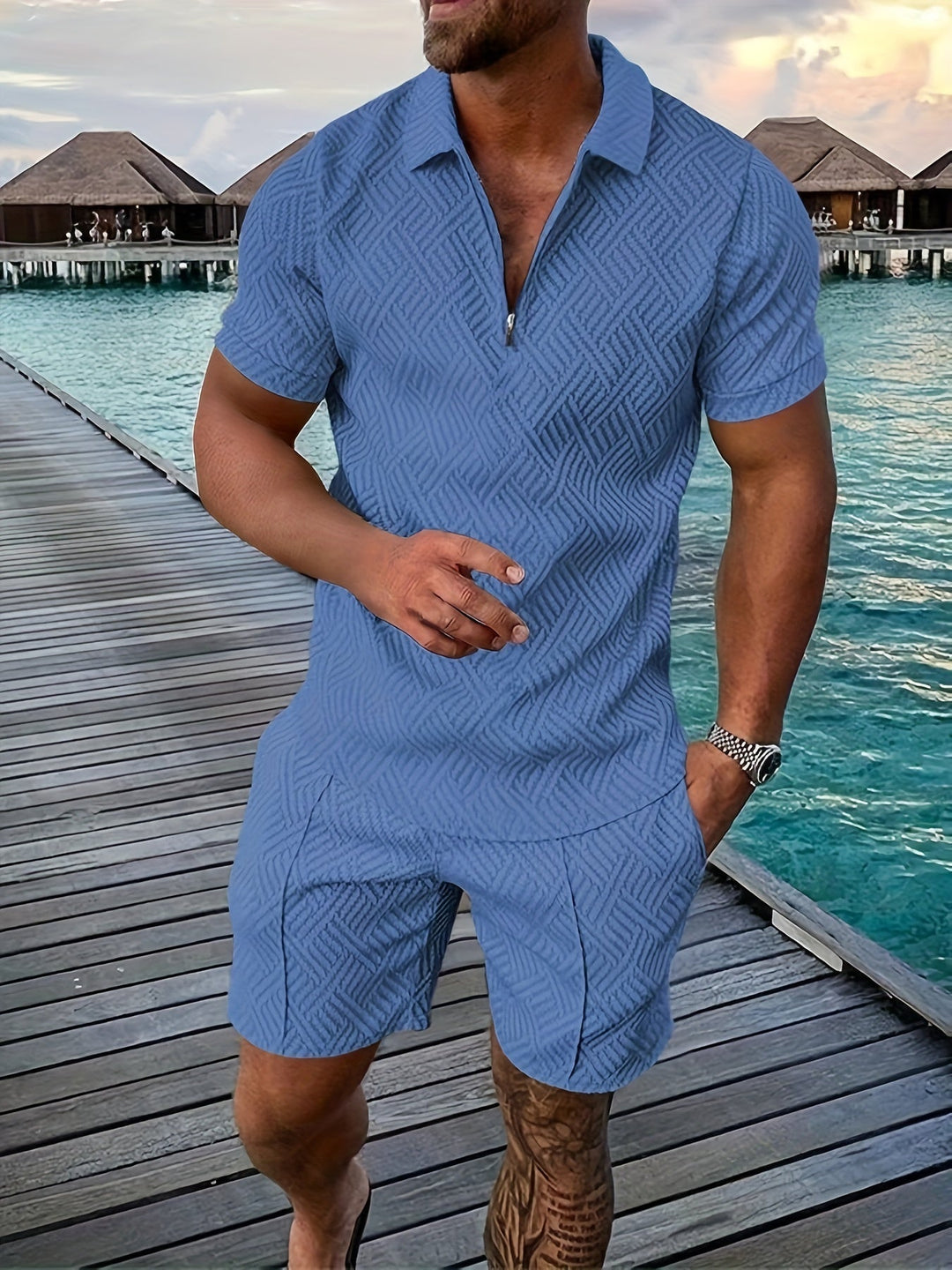 Geometric Texture Quarter Zip Polo Shirt and Short Matching Set