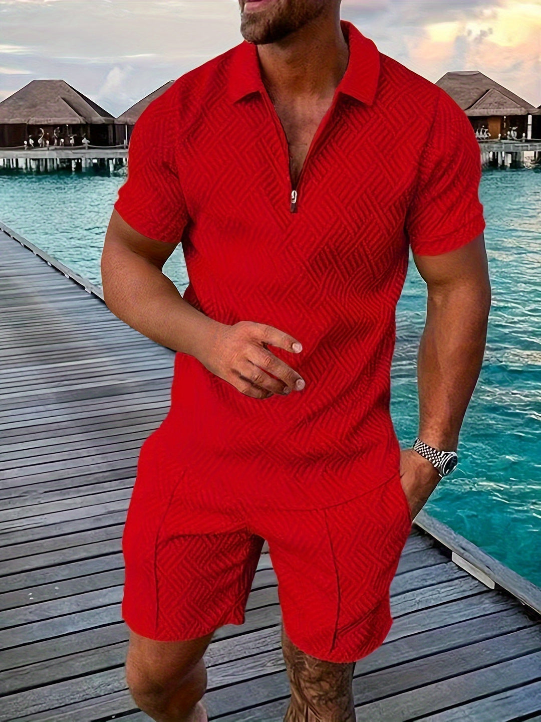 Geometric Texture Quarter Zip Polo Shirt and Short Matching Set
