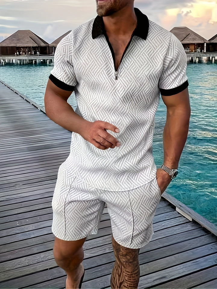 Geometric Texture Quarter Zip Polo Shirt and Short Matching Set