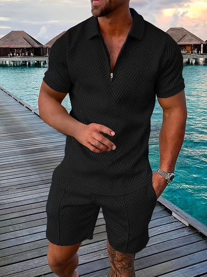 Geometric Texture Quarter Zip Polo Shirt and Short Matching Set