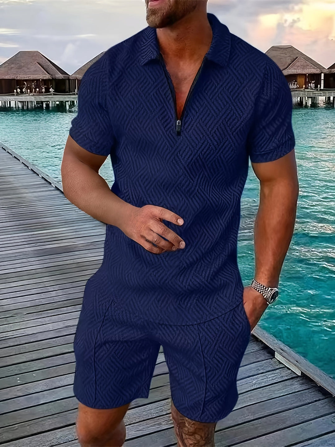 Geometric Texture Quarter Zip Polo Shirt and Short Matching Set