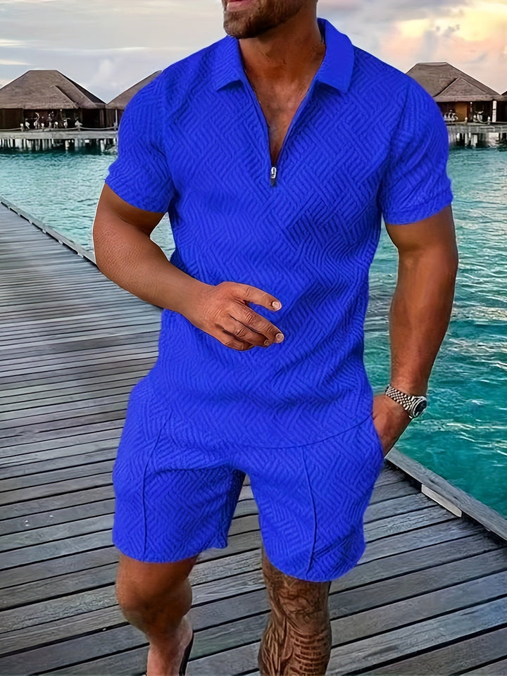 Geometric Texture Quarter Zip Polo Shirt and Short Matching Set