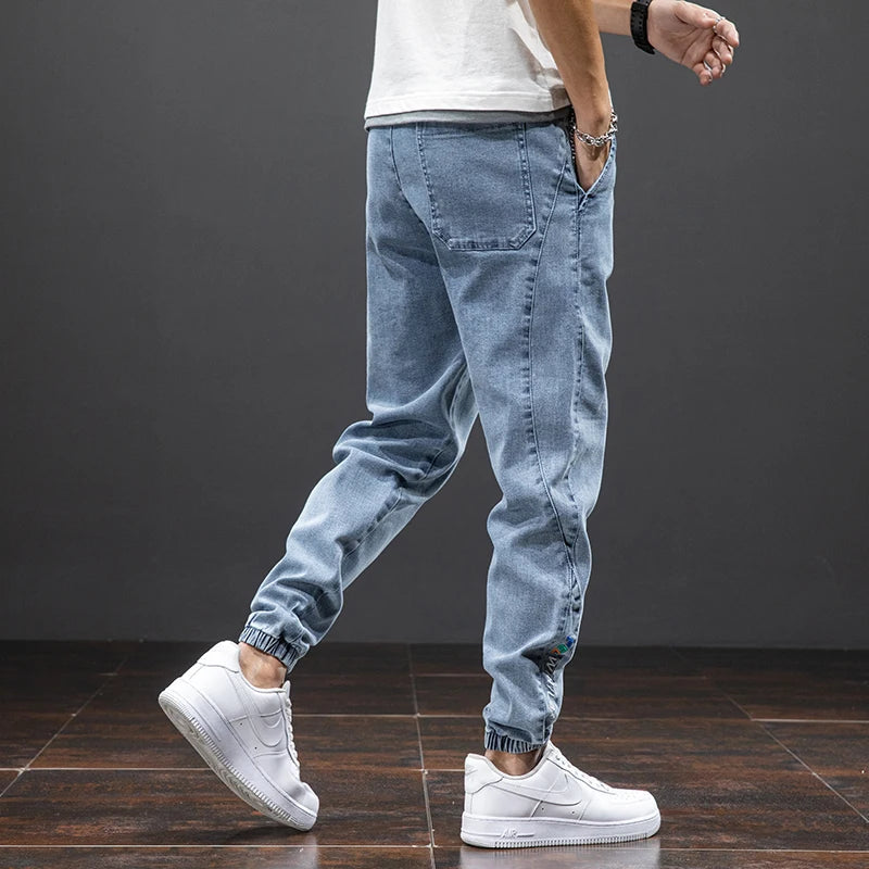 Denim Jogger Cuffed Casual Jeans - Drawstring Streetwear Fit