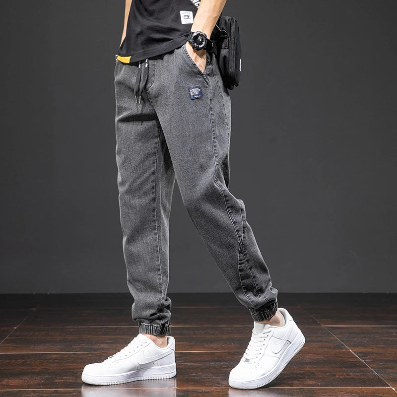 Denim Jogger Cuffed Casual Jeans - Drawstring Streetwear Fit