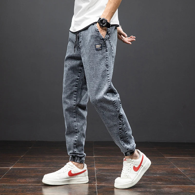 Denim Jogger Cuffed Casual Jeans - Drawstring Streetwear Fit