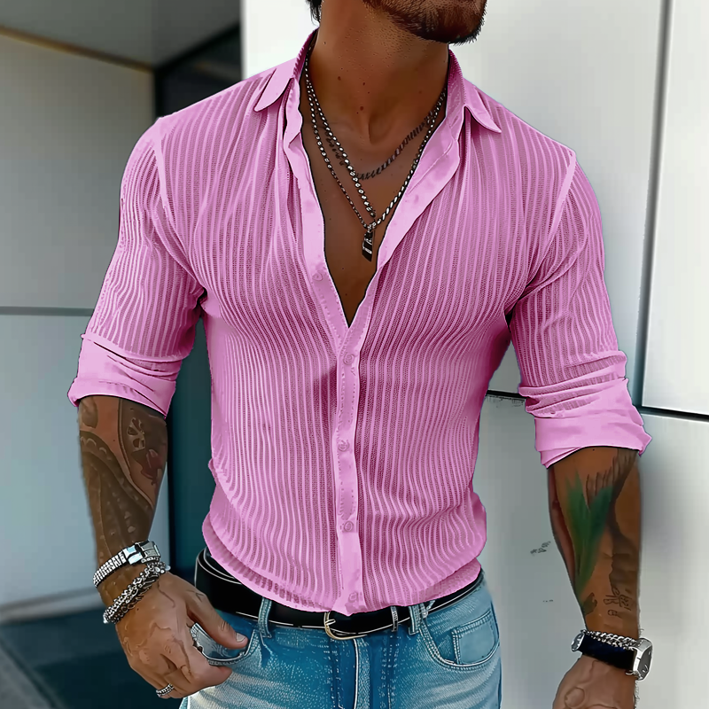 Ribbed Texture Muscle Fit Long Sleeve Shirt Men