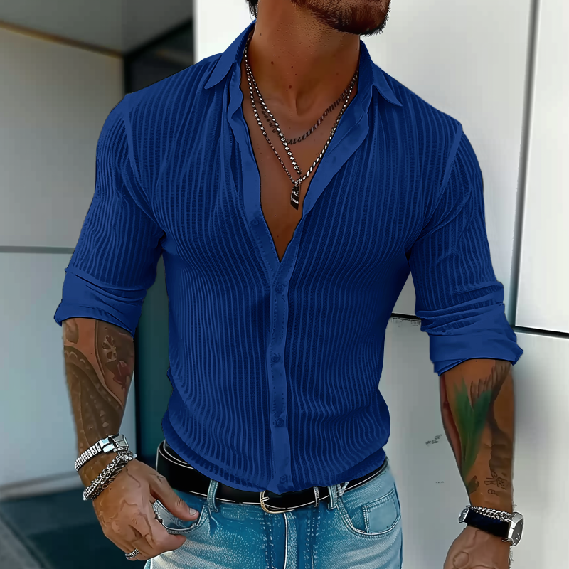 Ribbed Texture Muscle Fit Long Sleeve Shirt Men