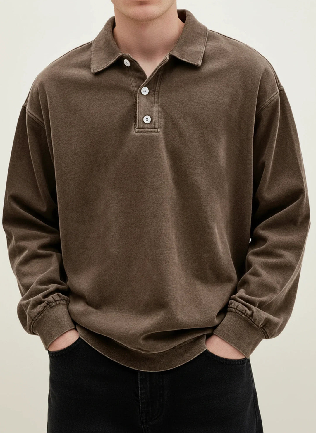 Oversized Washed Long Sleeve Polo Sweatshirt Men