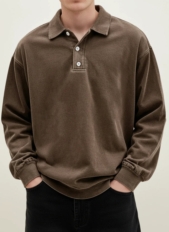 Oversized Washed Long Sleeve Polo Sweatshirt Men