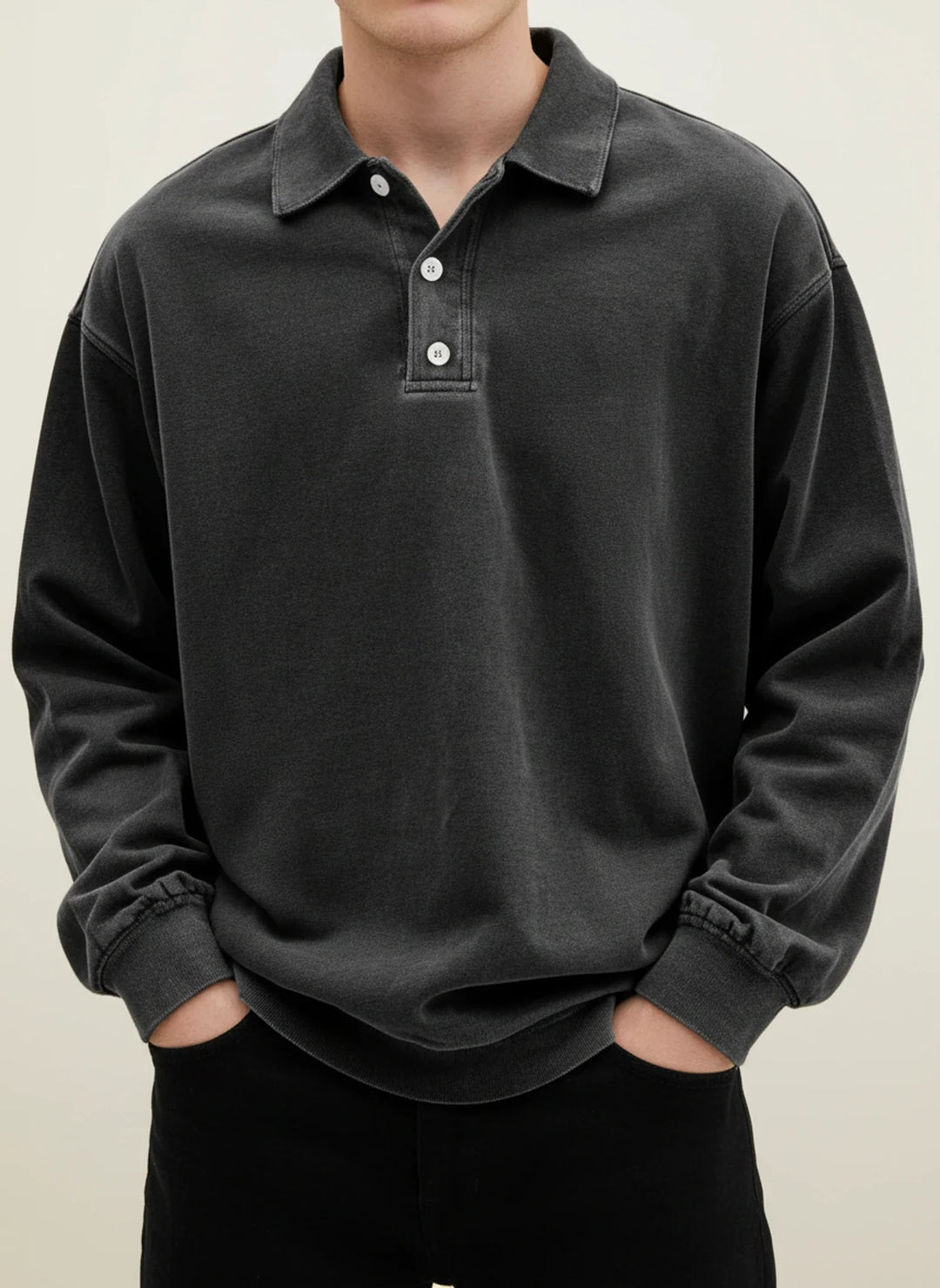 Oversized Washed Long Sleeve Polo Sweatshirt Men
