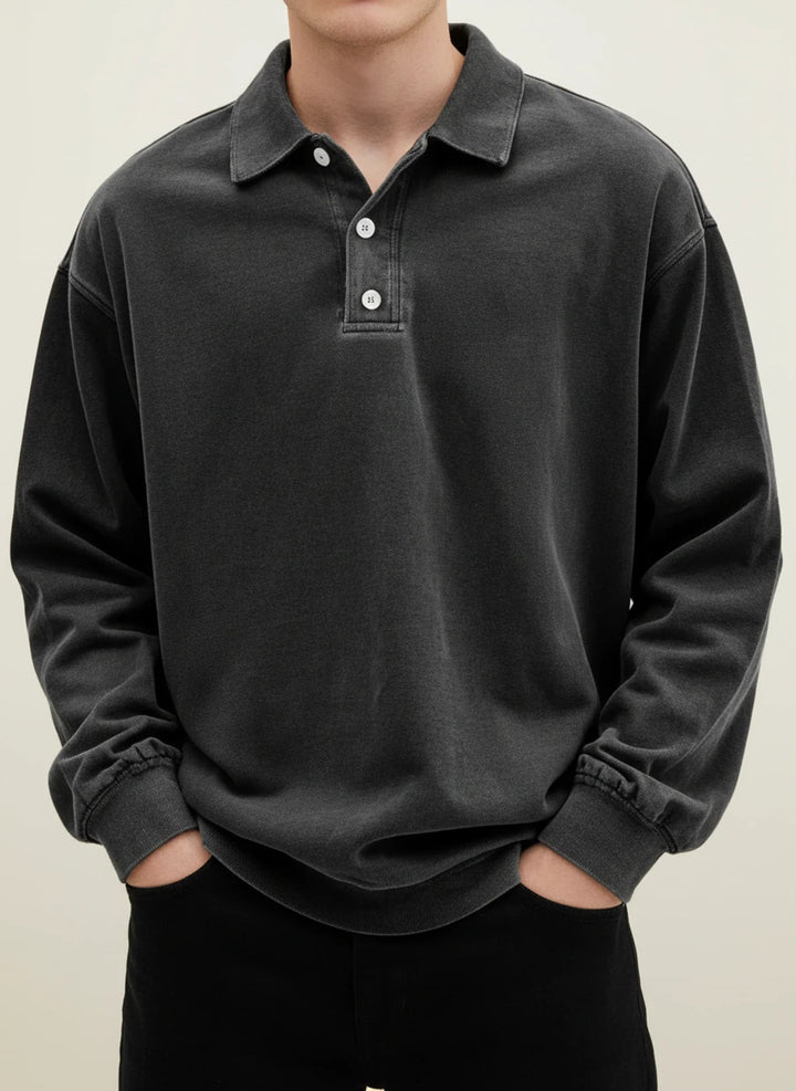 Oversized Washed Long Sleeve Polo Sweatshirt Men