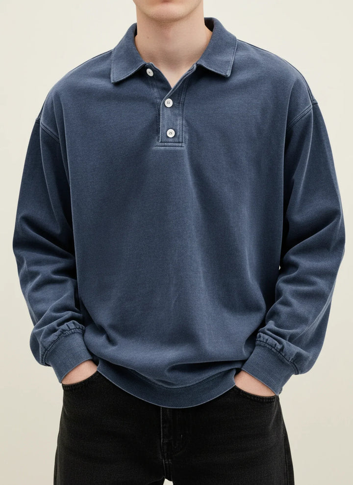 Oversized Washed Long Sleeve Polo Sweatshirt Men
