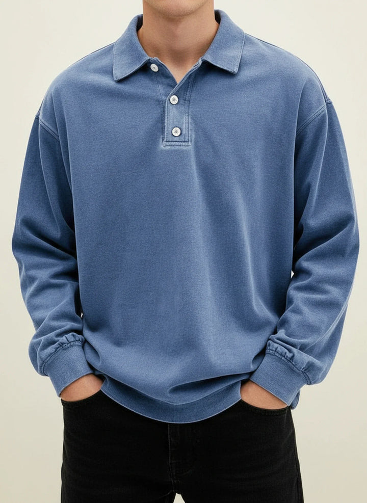 Oversized Washed Long Sleeve Polo Sweatshirt Men