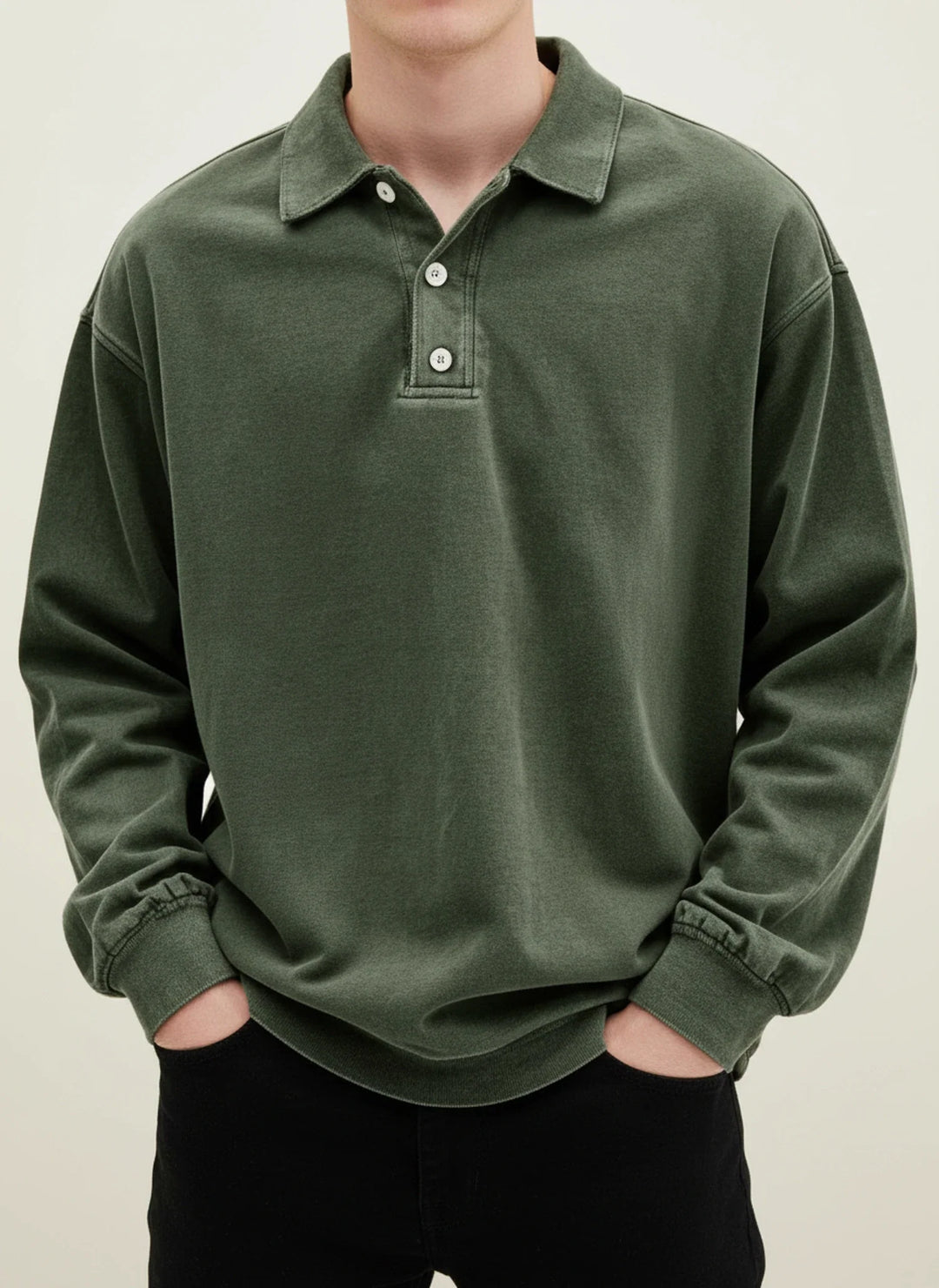 Oversized Washed Long Sleeve Polo Sweatshirt Men
