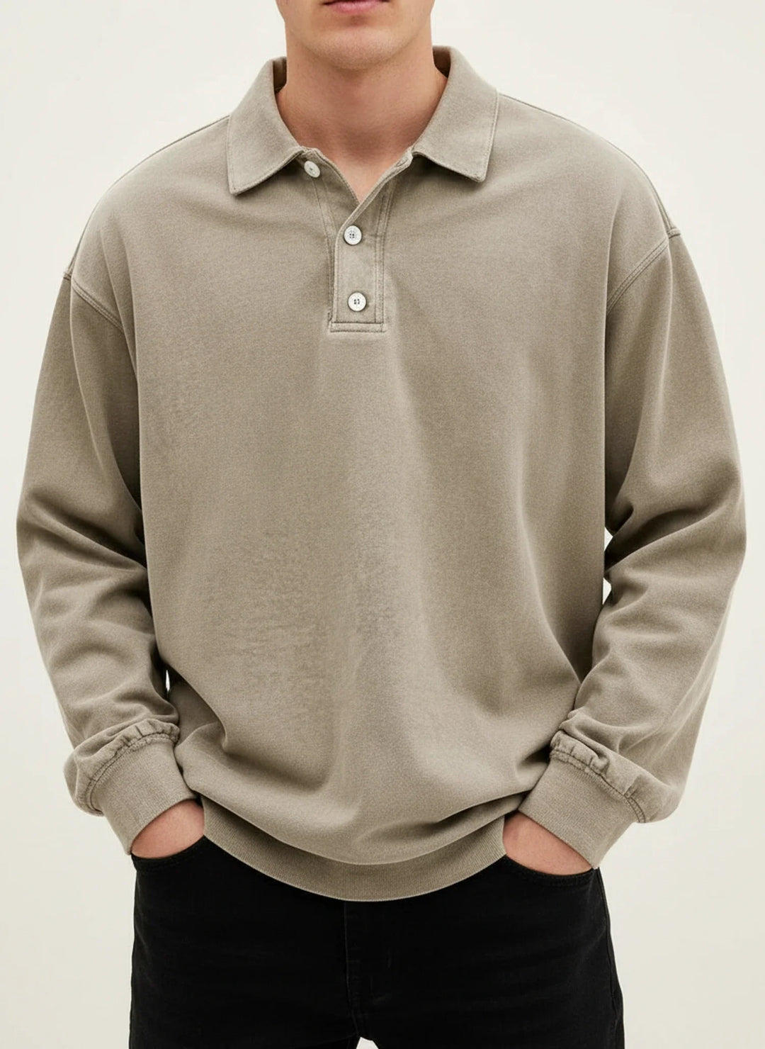 Oversized Washed Long Sleeve Polo Sweatshirt Men