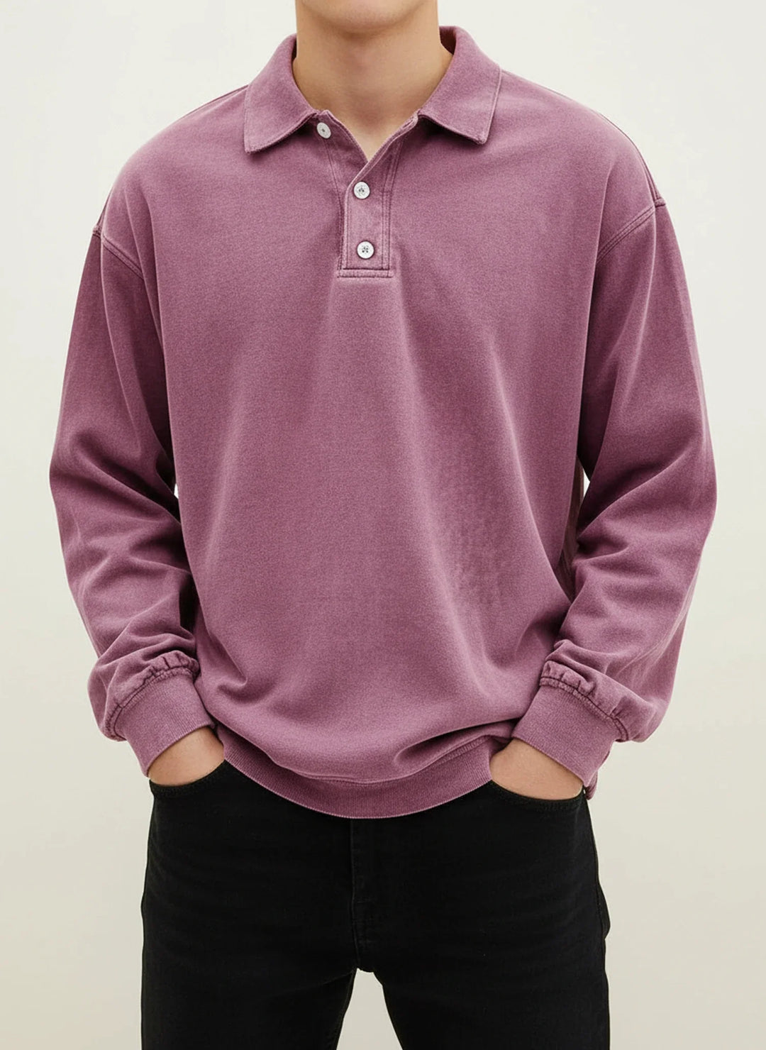 Oversized Washed Long Sleeve Polo Sweatshirt Men