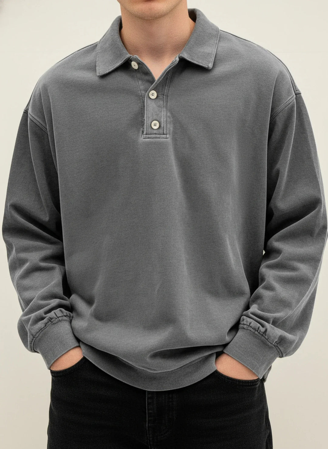 Oversized Washed Long Sleeve Polo Sweatshirt Men