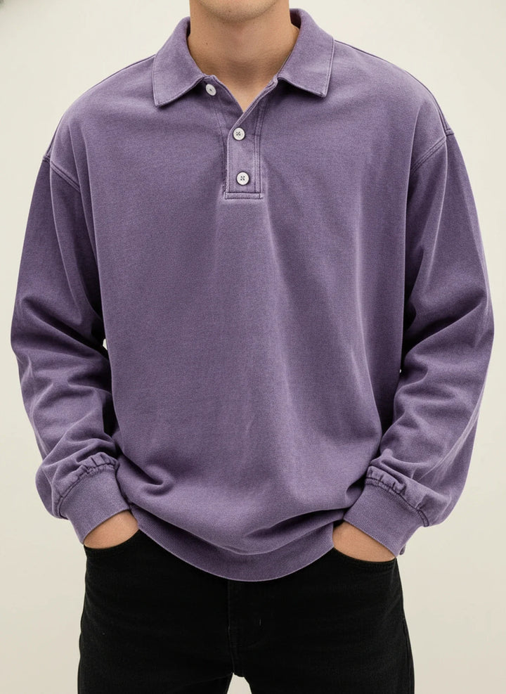 Oversized Washed Long Sleeve Polo Sweatshirt Men