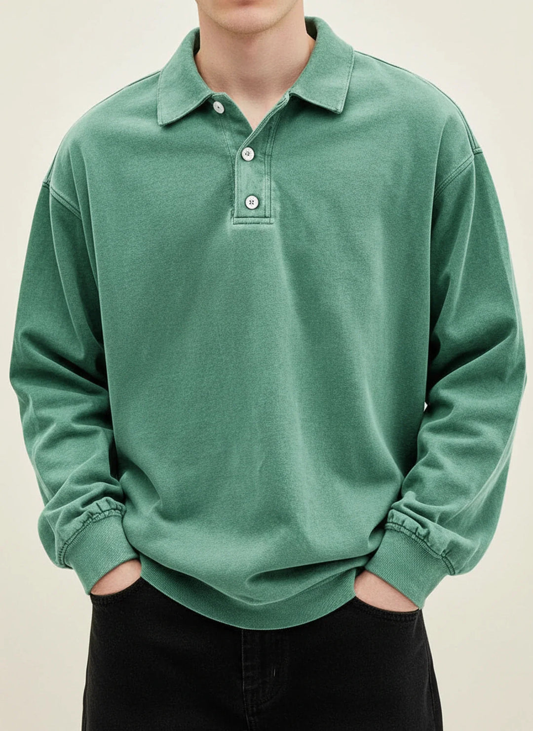 Oversized Washed Long Sleeve Polo Sweatshirt Men