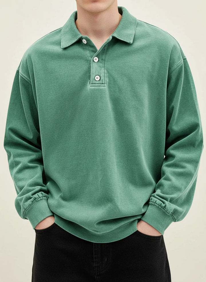 Oversized Washed Long Sleeve Polo Sweatshirt Men