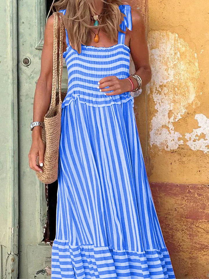 Women's Striped Maxi Dress Smocked Tiered Sleeveless Summer Vacation