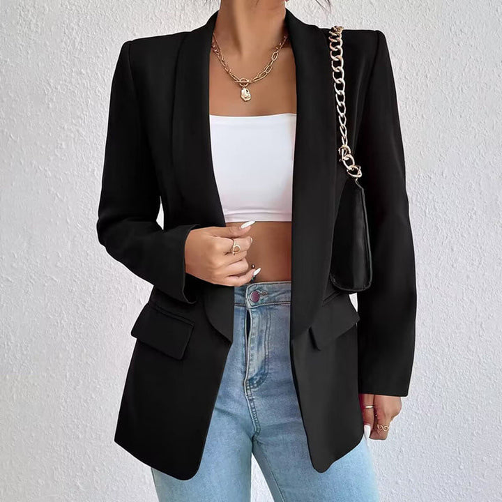 Open Front Shawl Collar Welt Pocket Longline Fitted Blazer