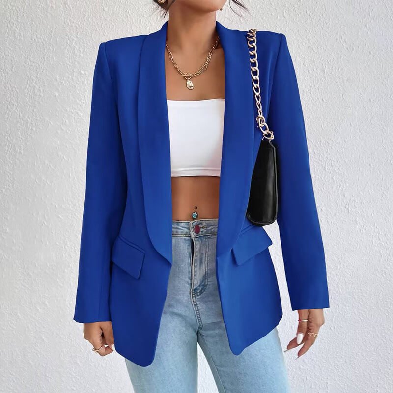 Open Front Shawl Collar Welt Pocket Longline Fitted Blazer