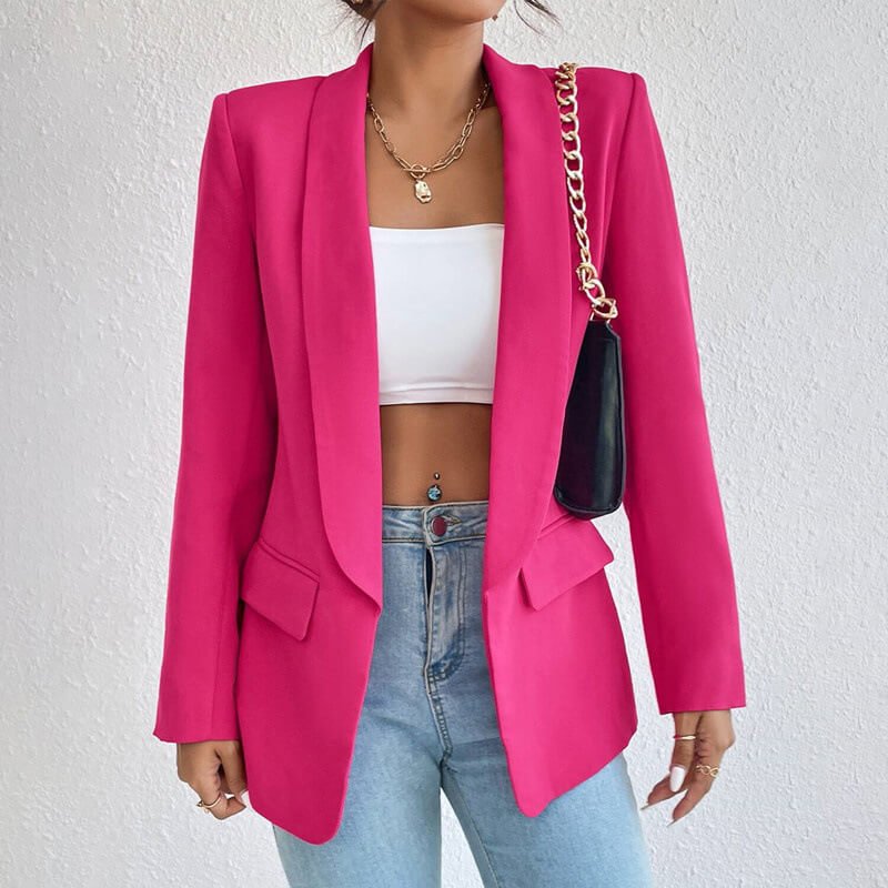 Open Front Shawl Collar Welt Pocket Longline Fitted Blazer
