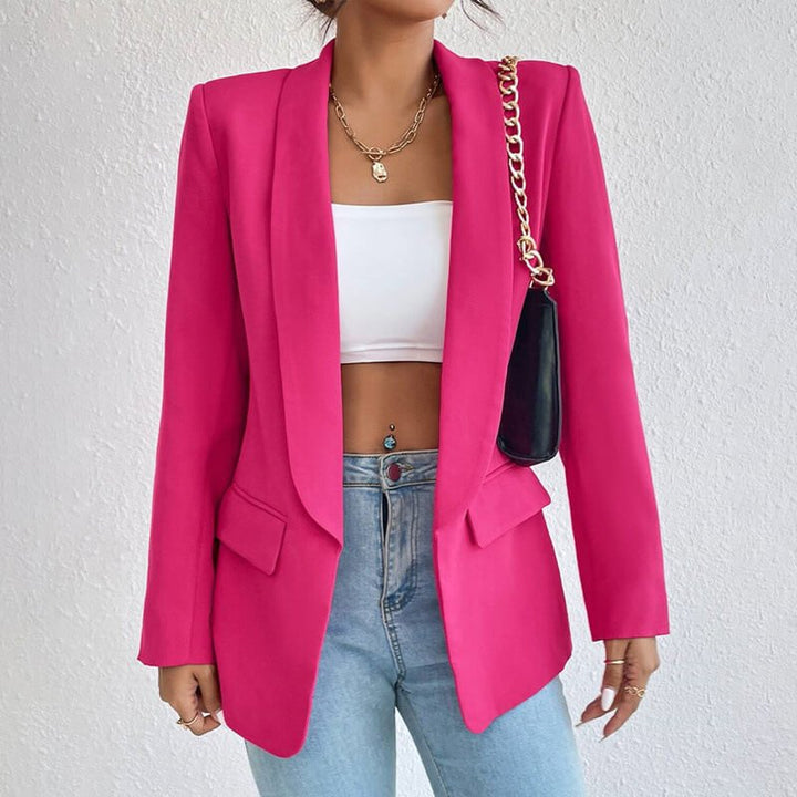 Open Front Shawl Collar Welt Pocket Longline Fitted Blazer