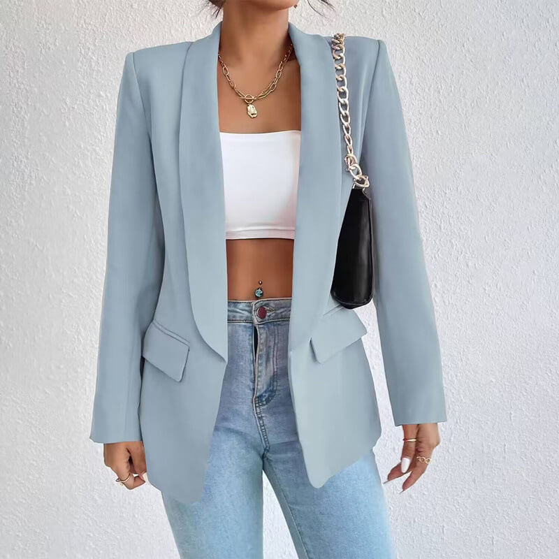 Open Front Shawl Collar Welt Pocket Longline Fitted Blazer