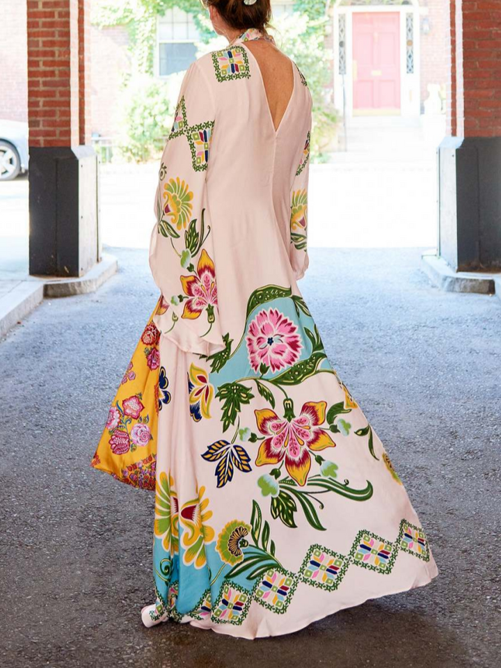 Floral Mock Neck Bell Sleeve Flowy Maxi Dress - Wedding Guest