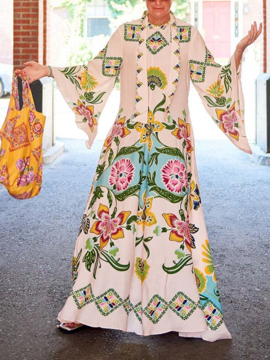 Floral Mock Neck Bell Sleeve Flowy Maxi Dress - Wedding Guest