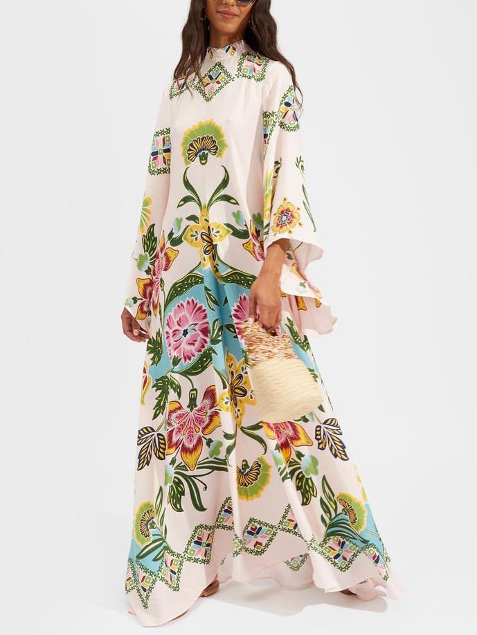 Floral Mock Neck Bell Sleeve Flowy Maxi Dress - Wedding Guest