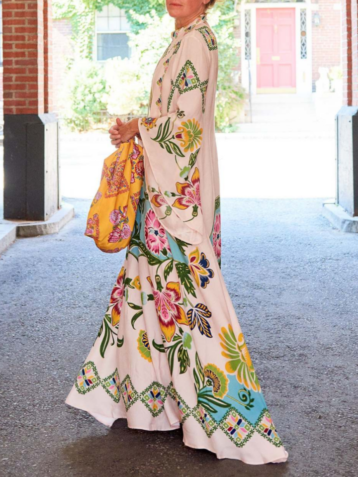 Floral Mock Neck Bell Sleeve Flowy Maxi Dress - Wedding Guest