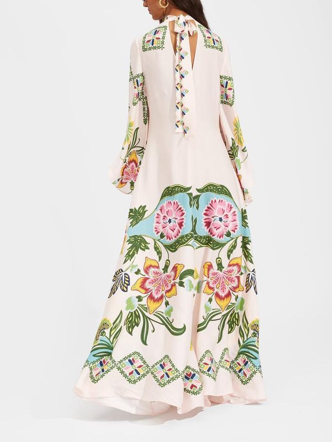 Floral Mock Neck Bell Sleeve Flowy Maxi Dress - Wedding Guest