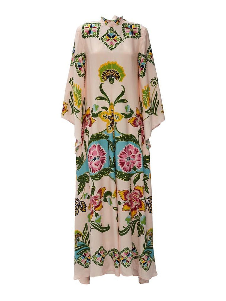 Floral Mock Neck Bell Sleeve Flowy Maxi Dress - Wedding Guest