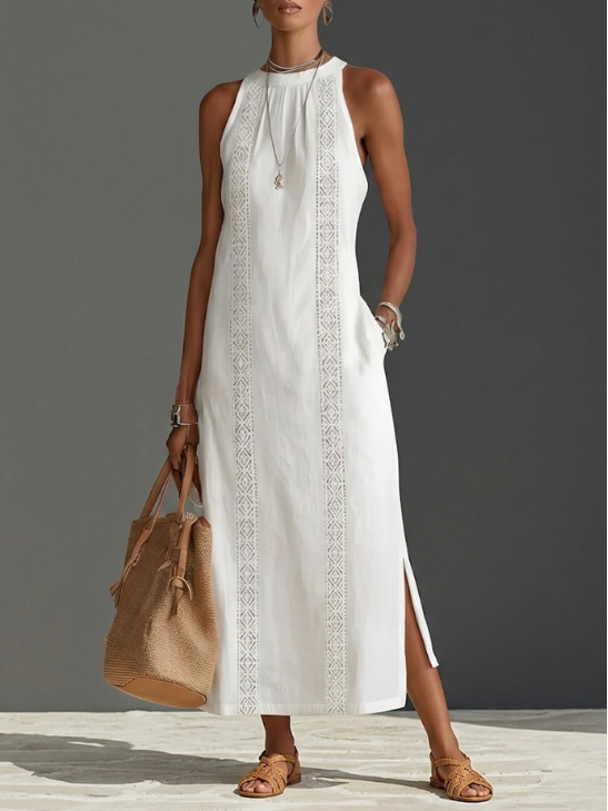 Lace Trim Halter Neck Sleeveless Side Slit Midi Dress