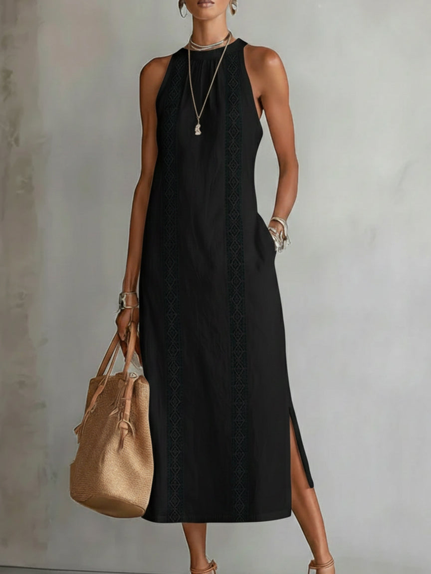 Lace Trim Halter Neck Sleeveless Side Slit Midi Dress