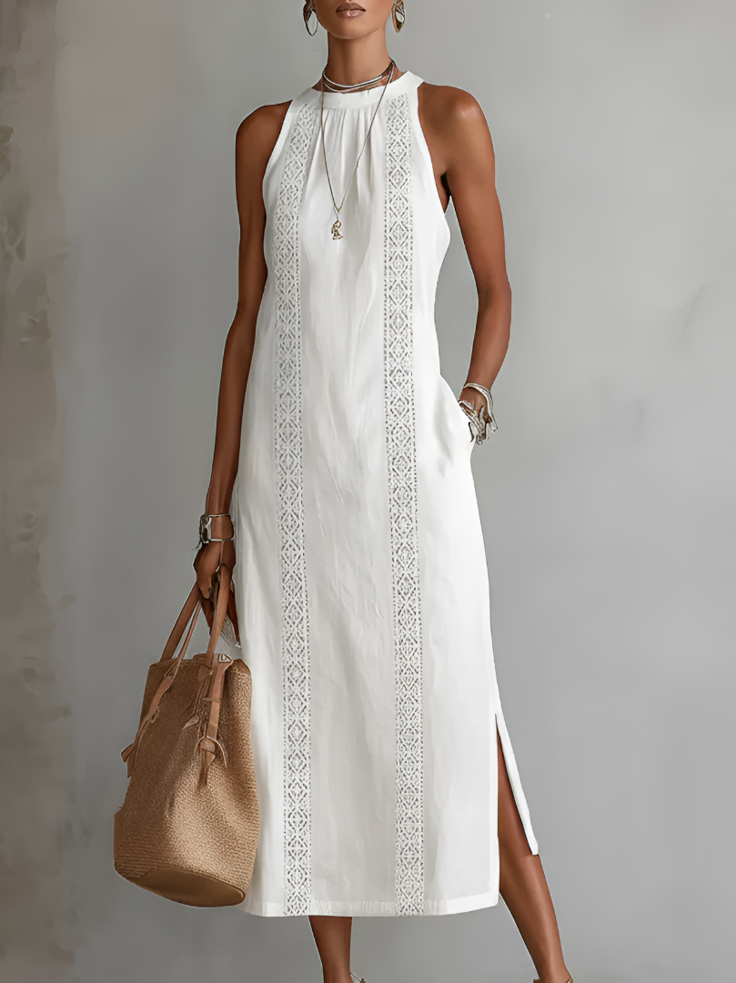 Lace Trim Halter Neck Sleeveless Side Slit Midi Dress