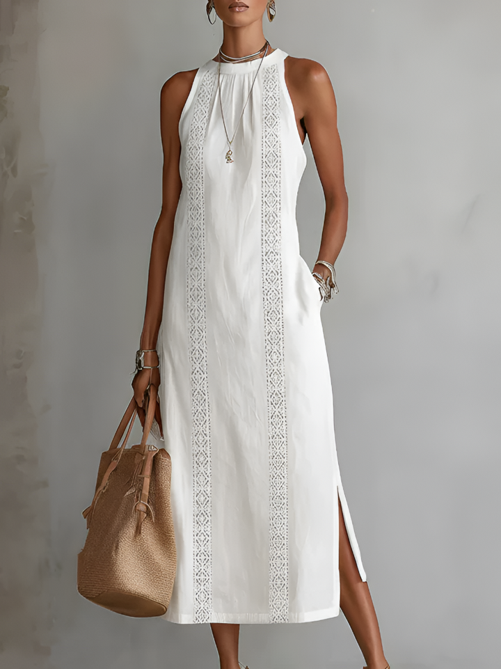 Lace Trim Halter Neck Sleeveless Side Slit Midi Dress