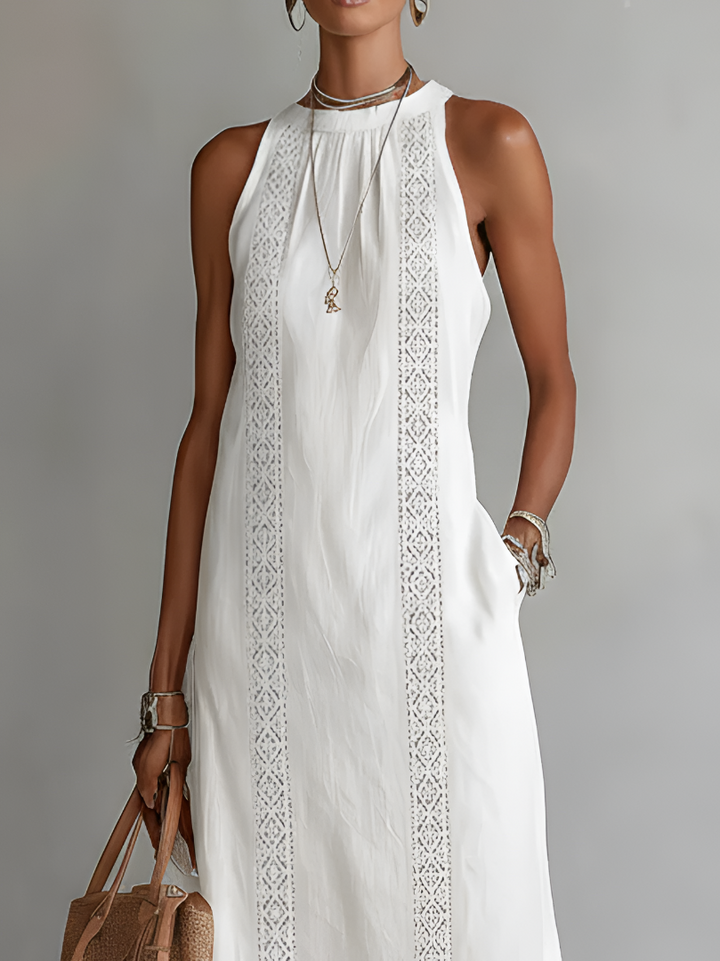Lace Trim Halter Neck Sleeveless Side Slit Midi Dress