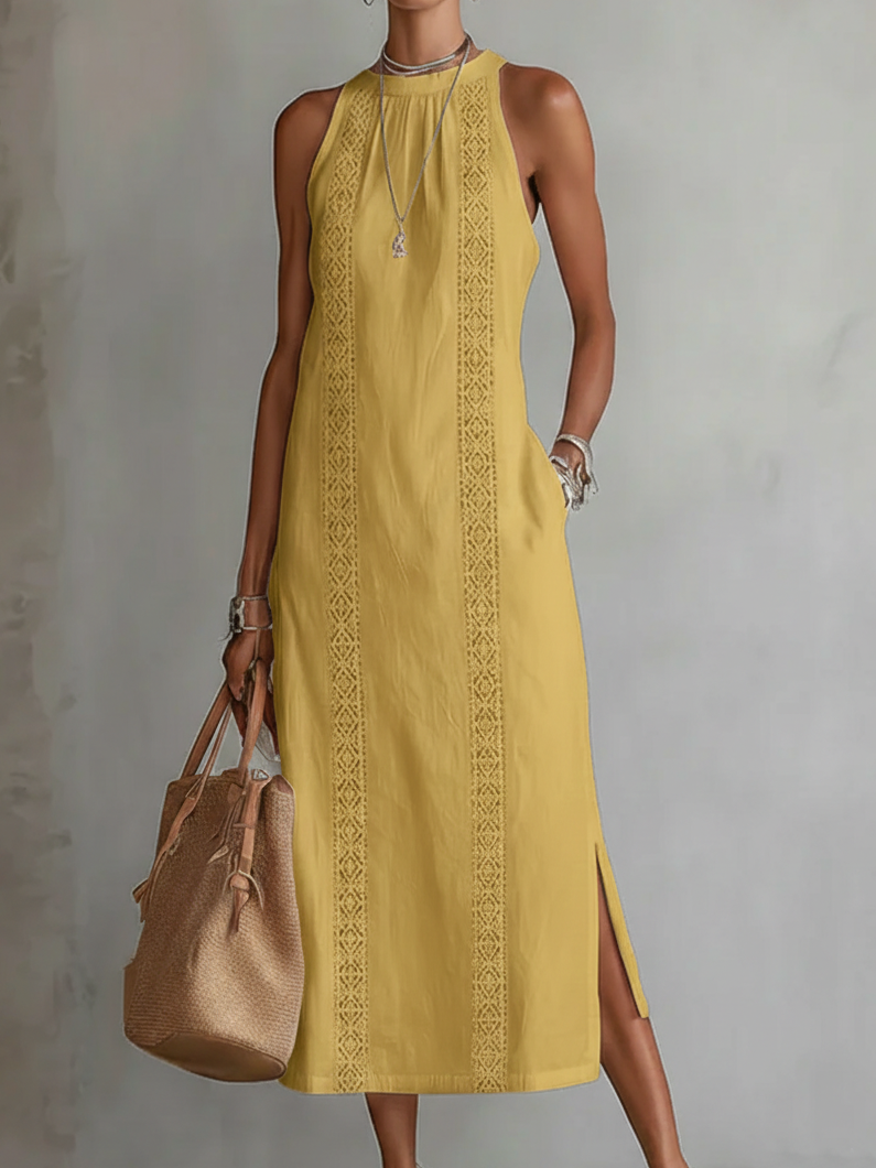 Lace Trim Halter Neck Sleeveless Side Slit Midi Dress