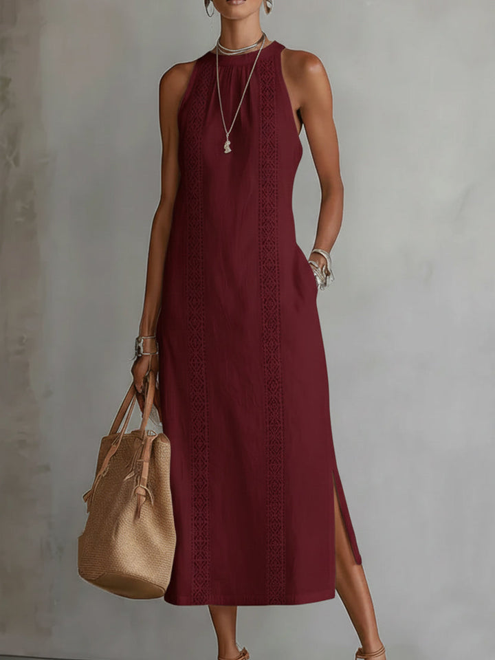 Lace Trim Halter Neck Sleeveless Side Slit Midi Dress