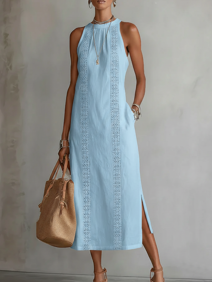 Lace Trim Halter Neck Sleeveless Side Slit Midi Dress