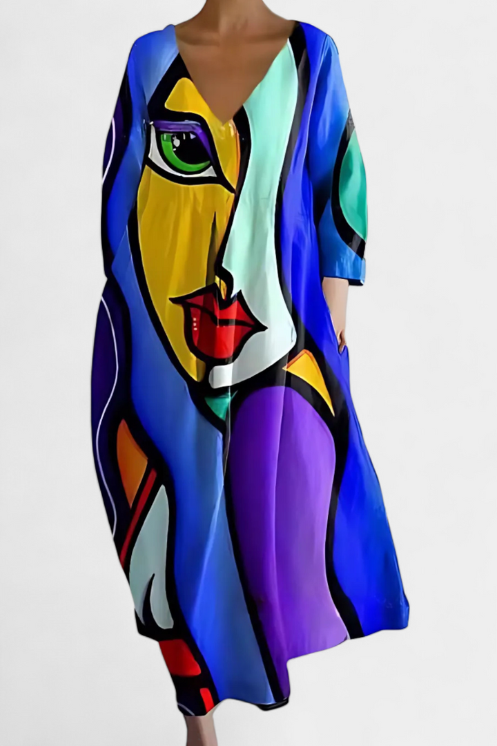 Colourful Abstract Midi Dress Loose Fit Three Quarter Sleeve