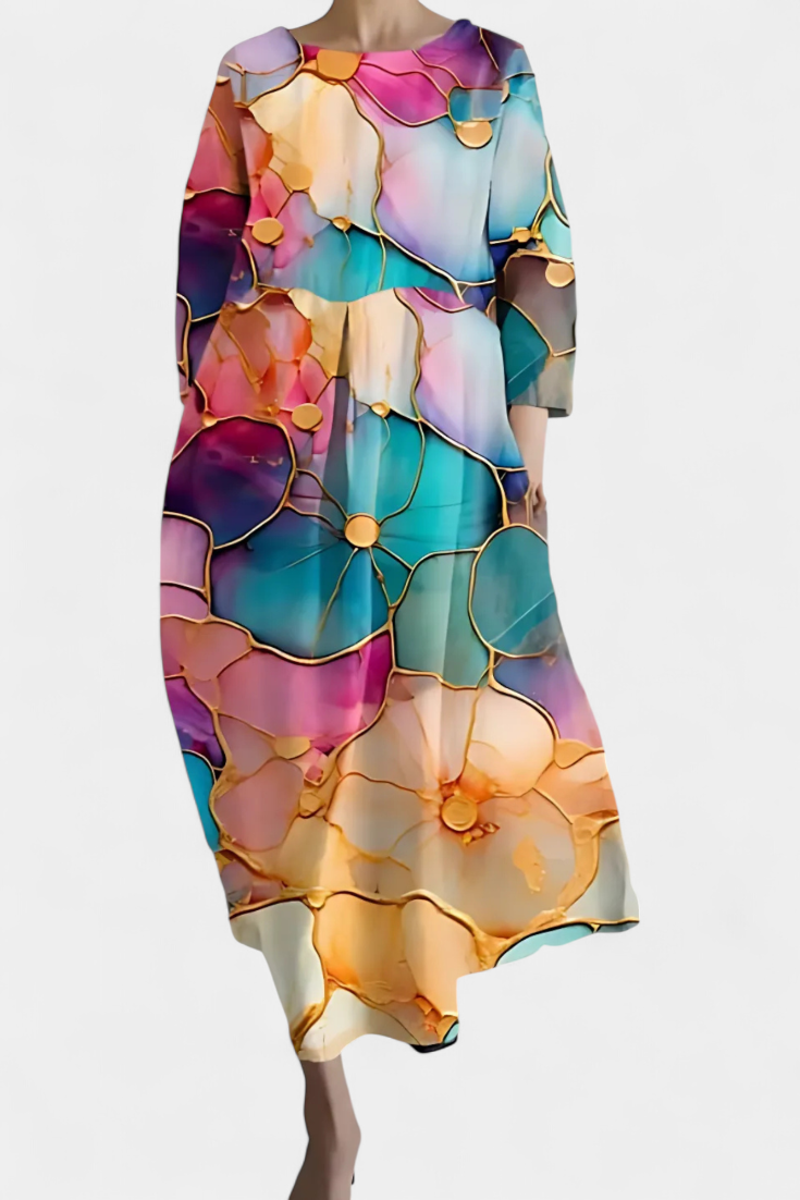 Colourful Abstract Midi Dress Loose Fit Three Quarter Sleeve
