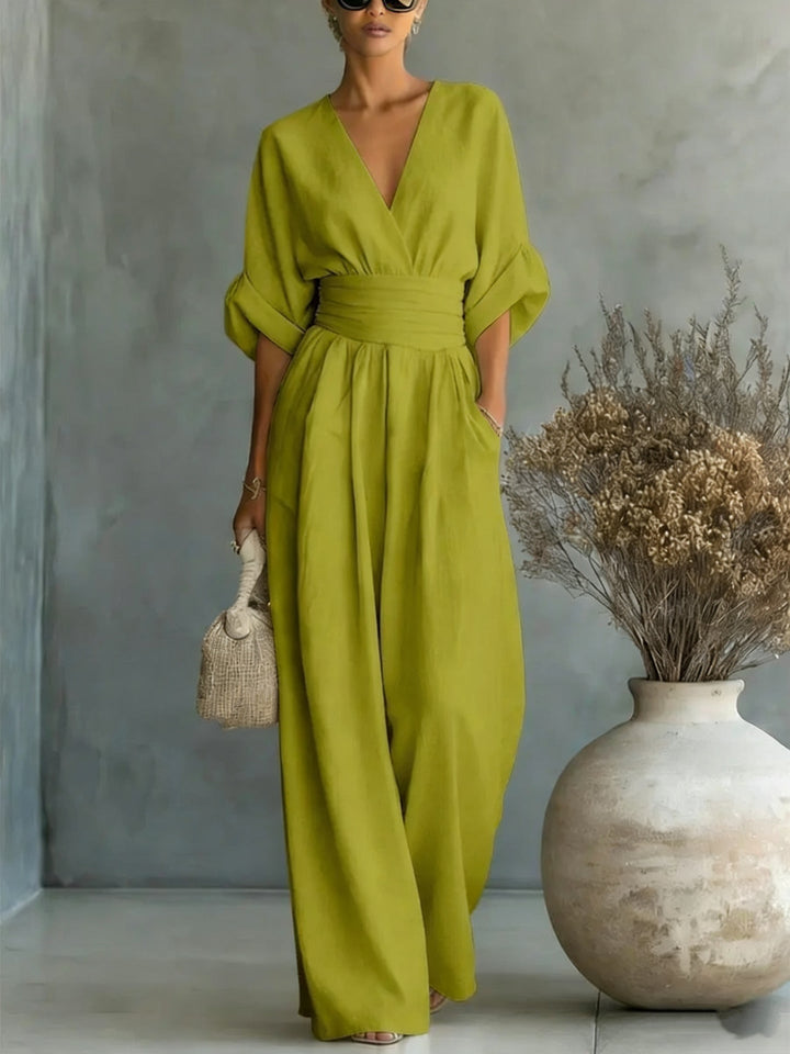 Deep V Neck Balloon Sleeve Wide Waistband Wide Leg Jumpsuit
