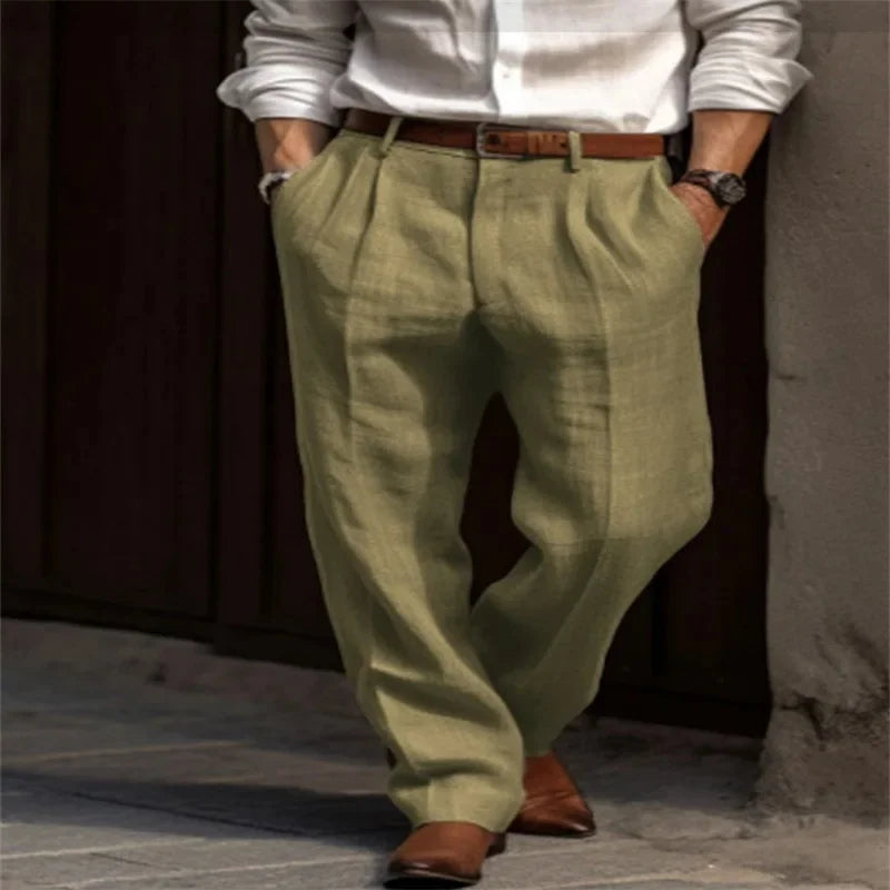 Pleated Front Relaxed Straight Leg Casual Linen Pant